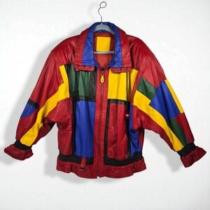 Vintage Mixed Blues Leather Jacket Woman Large Color Block 80s‎ 90s Retro Bold